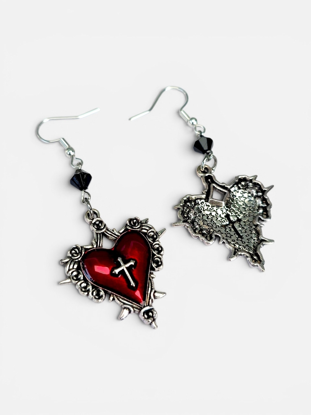 Gothic Red Heart Cross Thorn Dangle Earrings - Picture 3 of 3